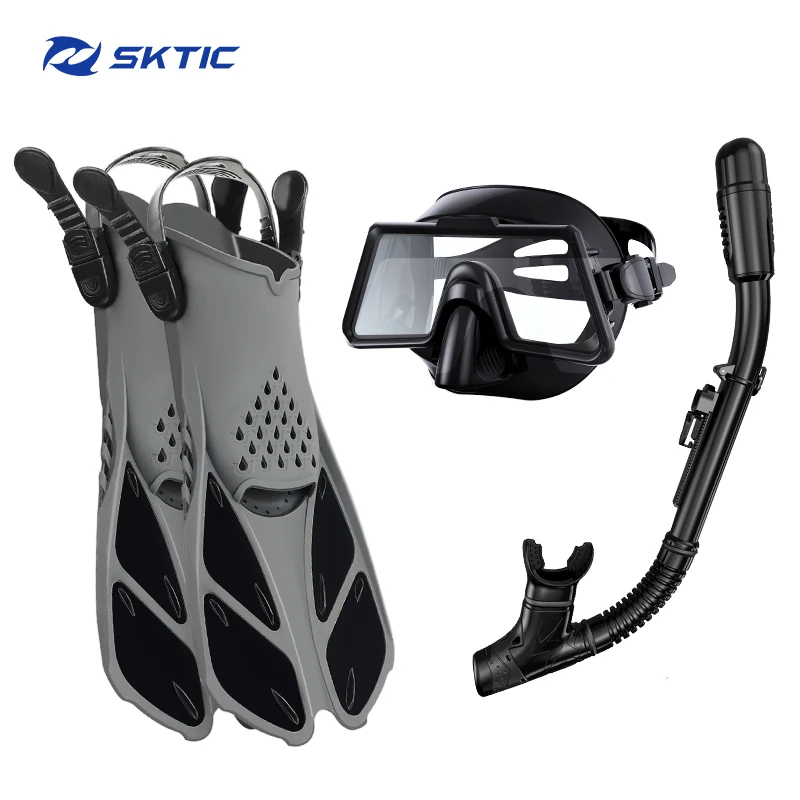 

SKTIC Adults Anti-fog anti-leak tempered lenses panoramic view spearfishing set snorkel set swmming fins snorkel set for kids, Black