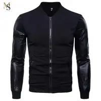 

2019 new autumn British temperament men's stand collar jacket leather sleeve stitching short cardigan men's clothing