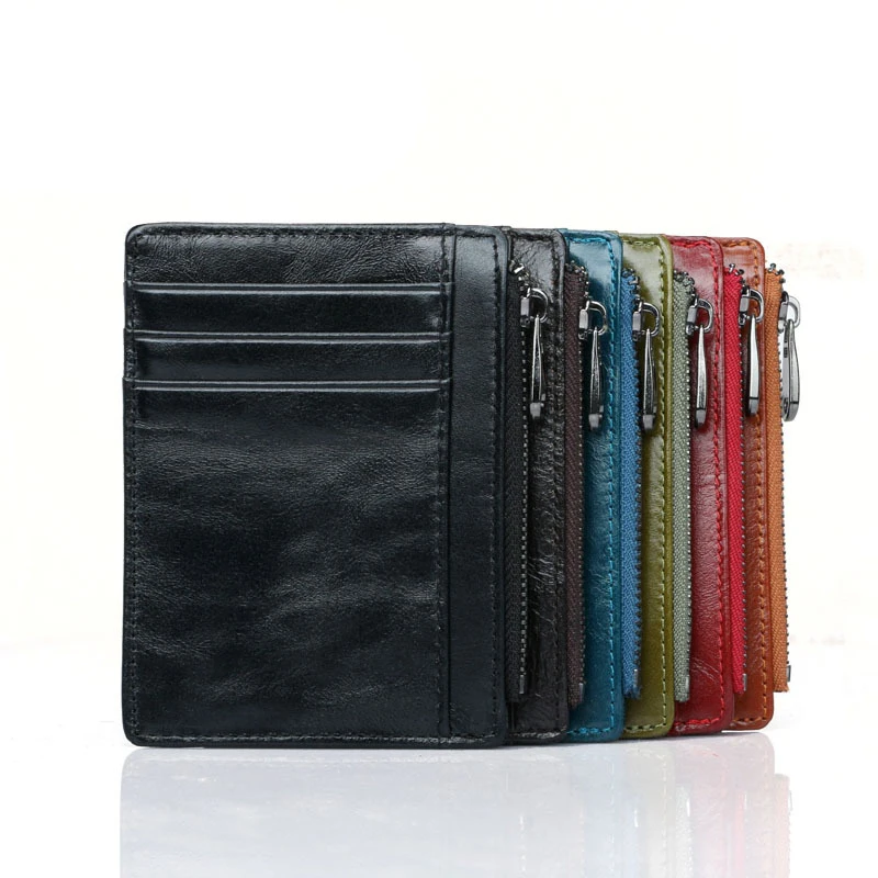 

Factory cheap price oil wax genuine leather slim ID card holder RFID front pocket wallet with zipper coin pouch