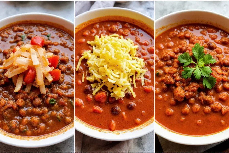 Three variations of chili recipe with tomato sauce showing different toppings and presentations