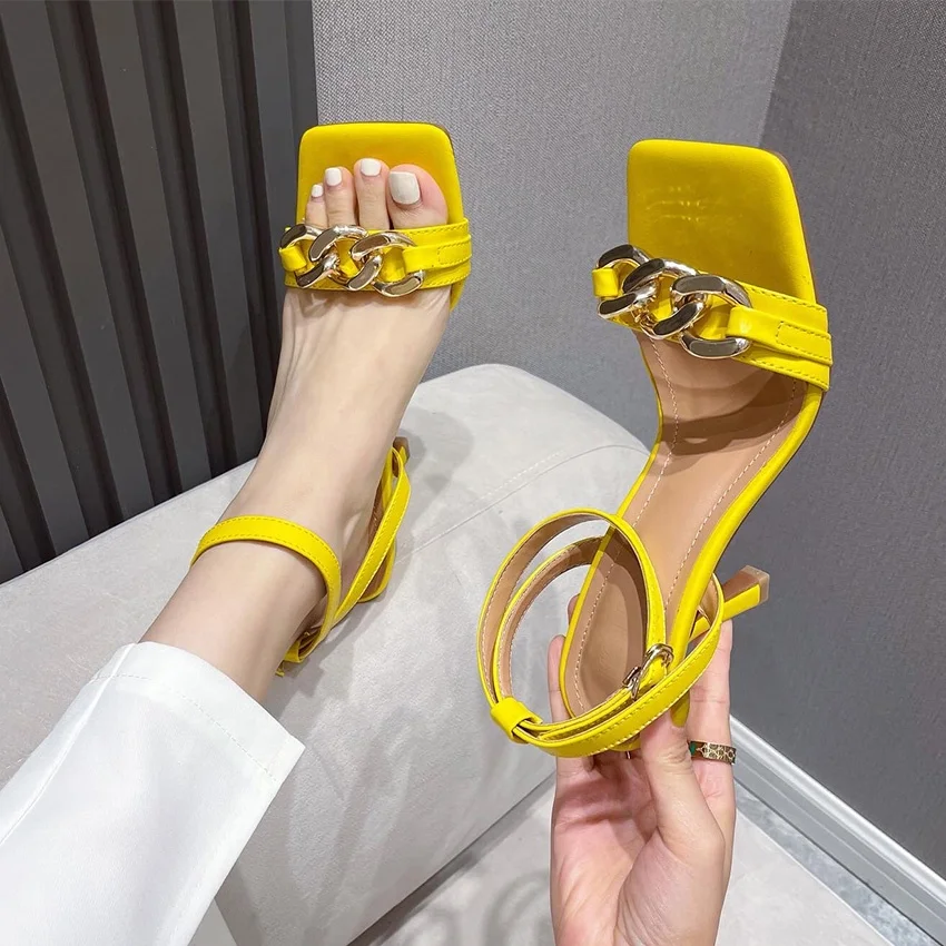 

Classic Design Soft PU Leather Summer Luxury Women Sandals Square Toe Chain Buckle Strap Office Lady Shoes Mid Heeled Sandals, Black,white,yellow