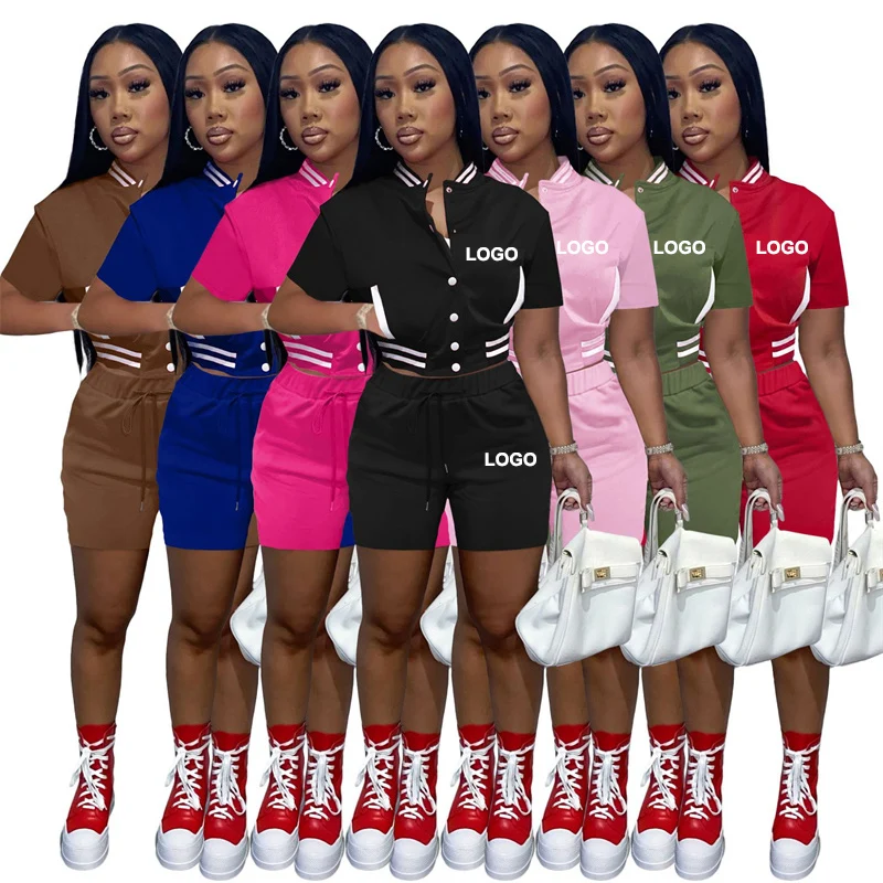 

Women Short Sleeve Sport Threaded Crop Coats Baseball Uniform Varsity Jacket And Shorts Summer Clothing Two Piece Pant Set, Customized color