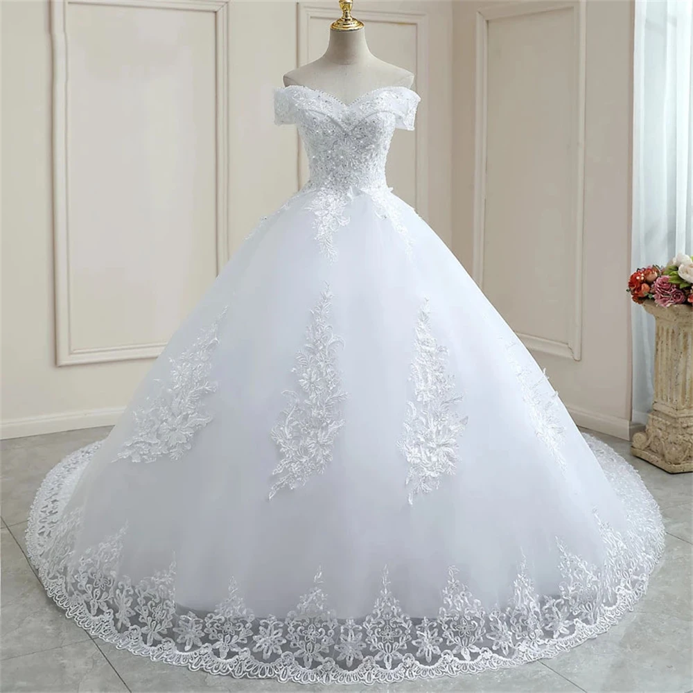 

New Lace Strapless Flower Embroidery Sleeveless Long Train One-shoulder Beaded Wedding Dresses Bridal Main Wedding Dresses