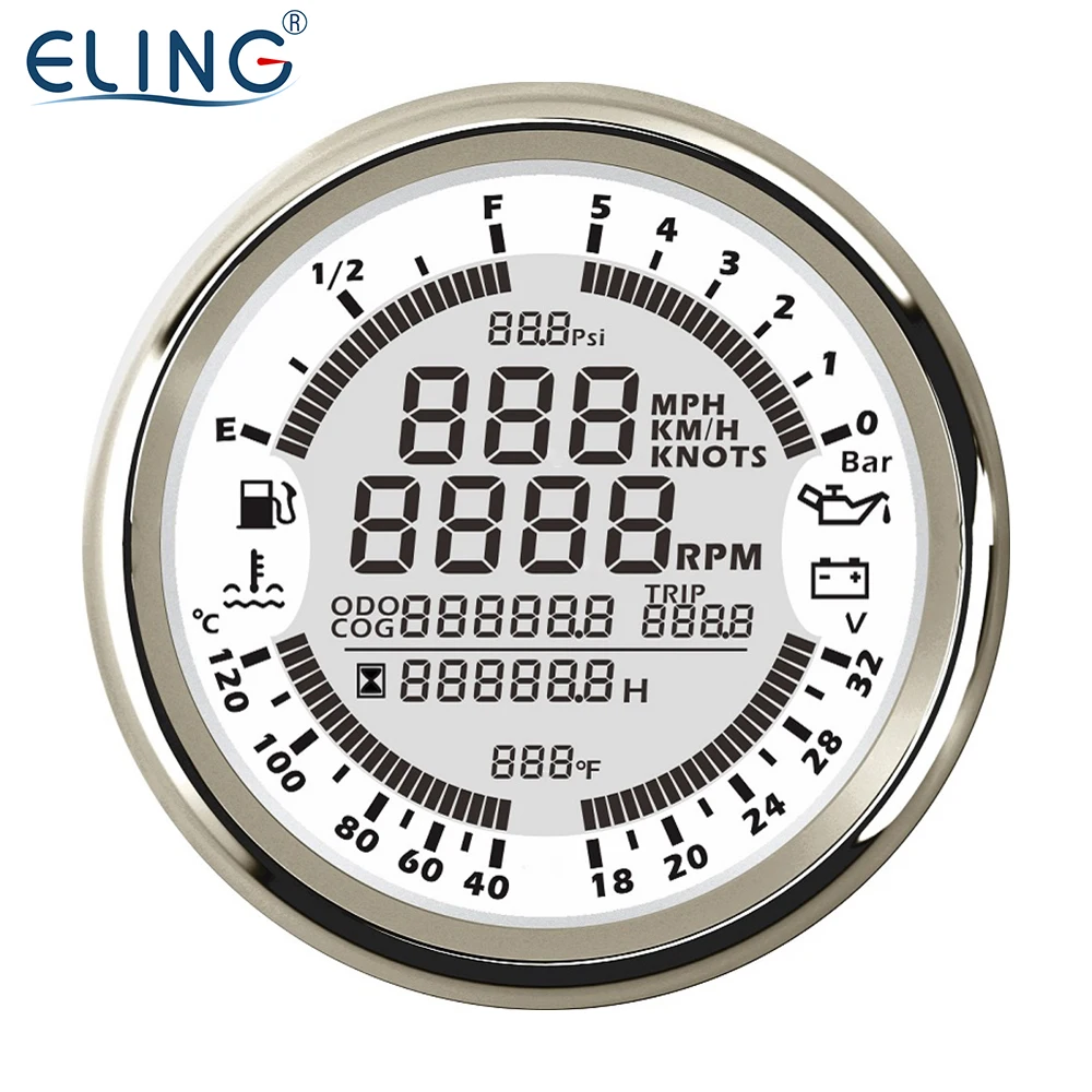 

ELING 85mm 6-in-1 Multi-Functional Gauge Meter GPS Speedometer Tachometer Hour Water Temp Fuel Level 24V 0-5BAR
