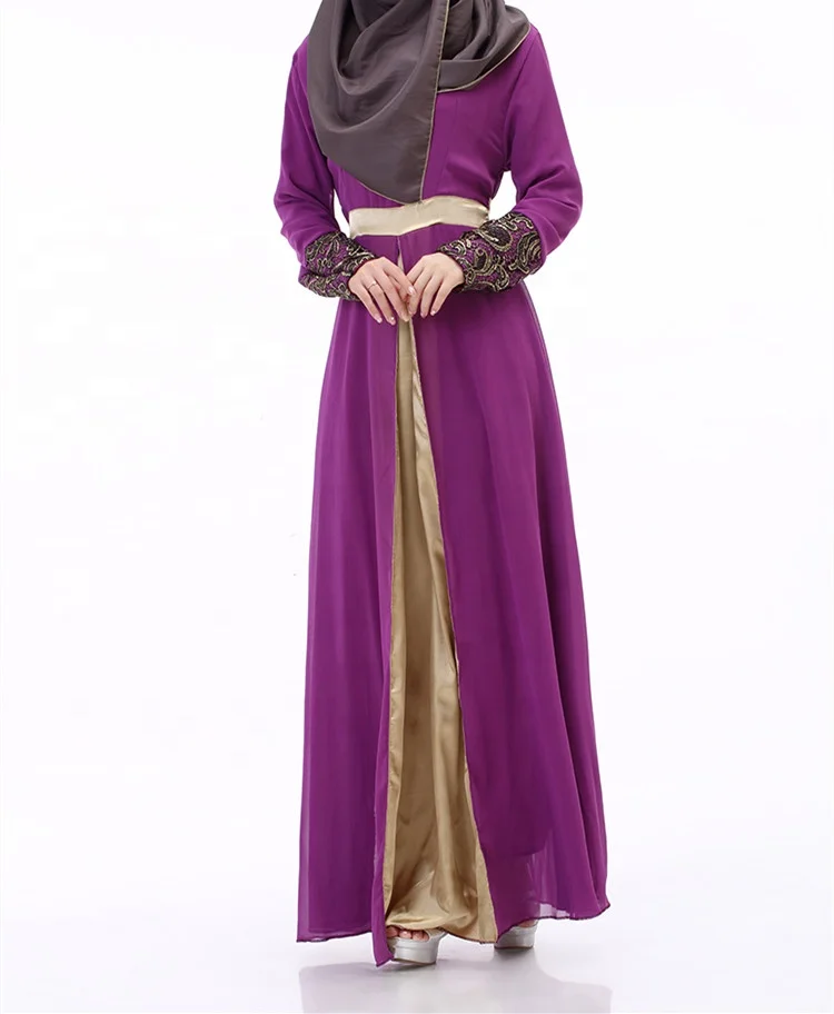 

FREE SHIPPING Ladies Chiffon Color Stitching Maxi Dresses Islamic Clothing Muslim Women's Abaya, Black, gray,purple,blue