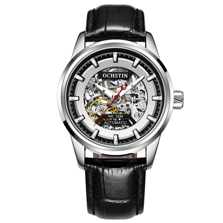 

OCHSTIN 62002C leather wrist watch male skeleton luxury brand wristwatches mechanical daydate watches