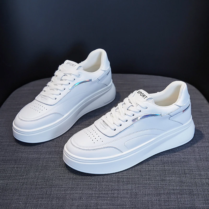 

Spring latest designer fashionable Genuine leather white color ladies walking sneakers shoes for women shoes
