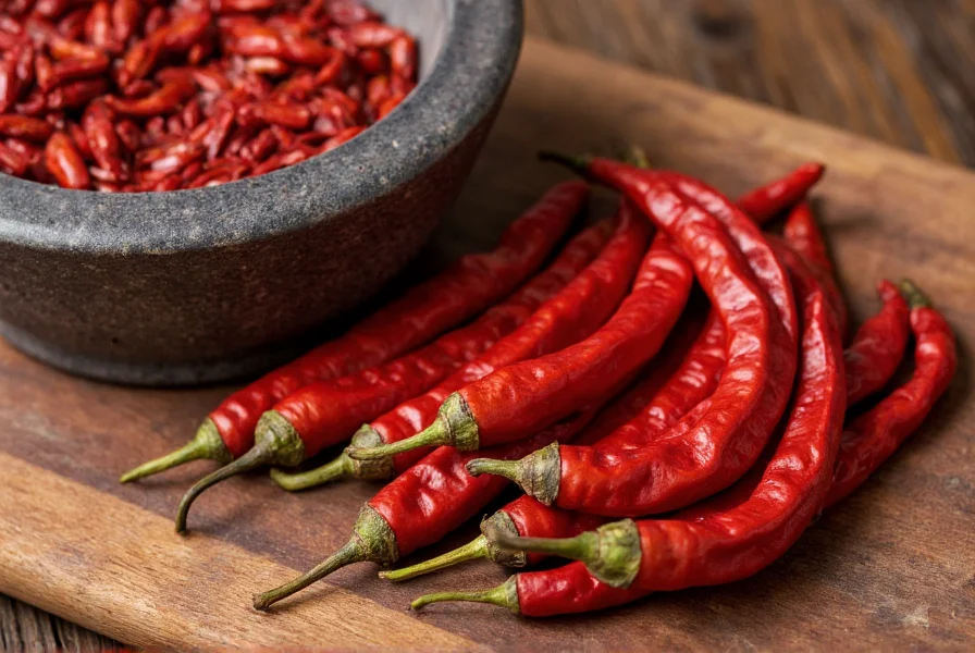 Close-up of dried árbol peppers arranged on a rustic wooden cutting board with traditional Mexican molcajete