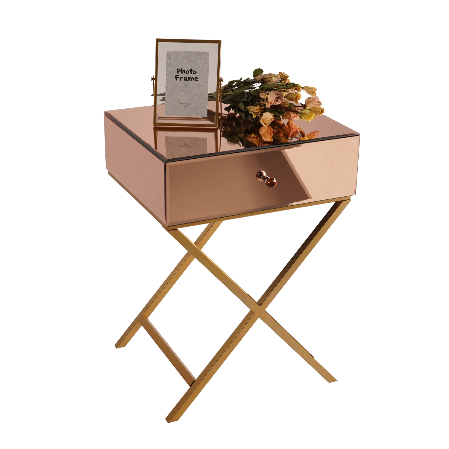

Free Shipping One Drawer Adjustable Rose Mirrored Side Table