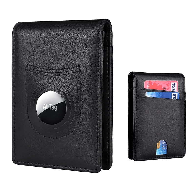 

2022 New Carbon Fiber Plain Leather Men's Wallet Europe and America Money Clip Apple Tracker US Dollar RFID Card Holder