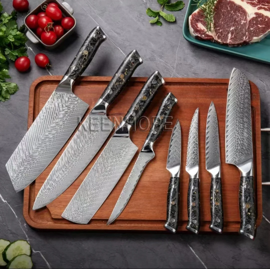 

Kitchen Knives Set with SS316 Bolster Composited Resin + Carbon fiber Handle 8 pcs 67 Layers Damascus VG10 Knife Set