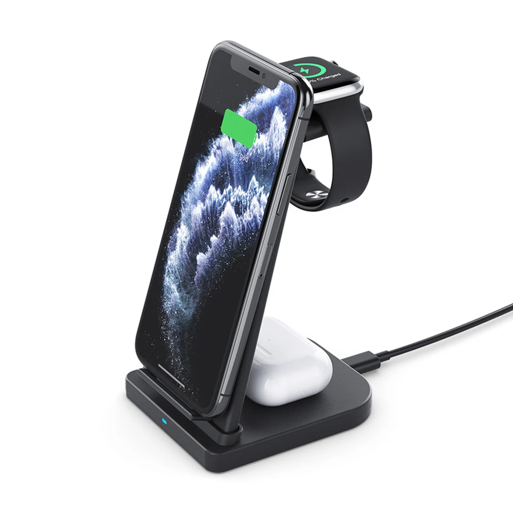 

Cellphone Qi Wireless Charger Portable 3 in 1 Charging Station For iPhone Earbuds Air Pod, White, black