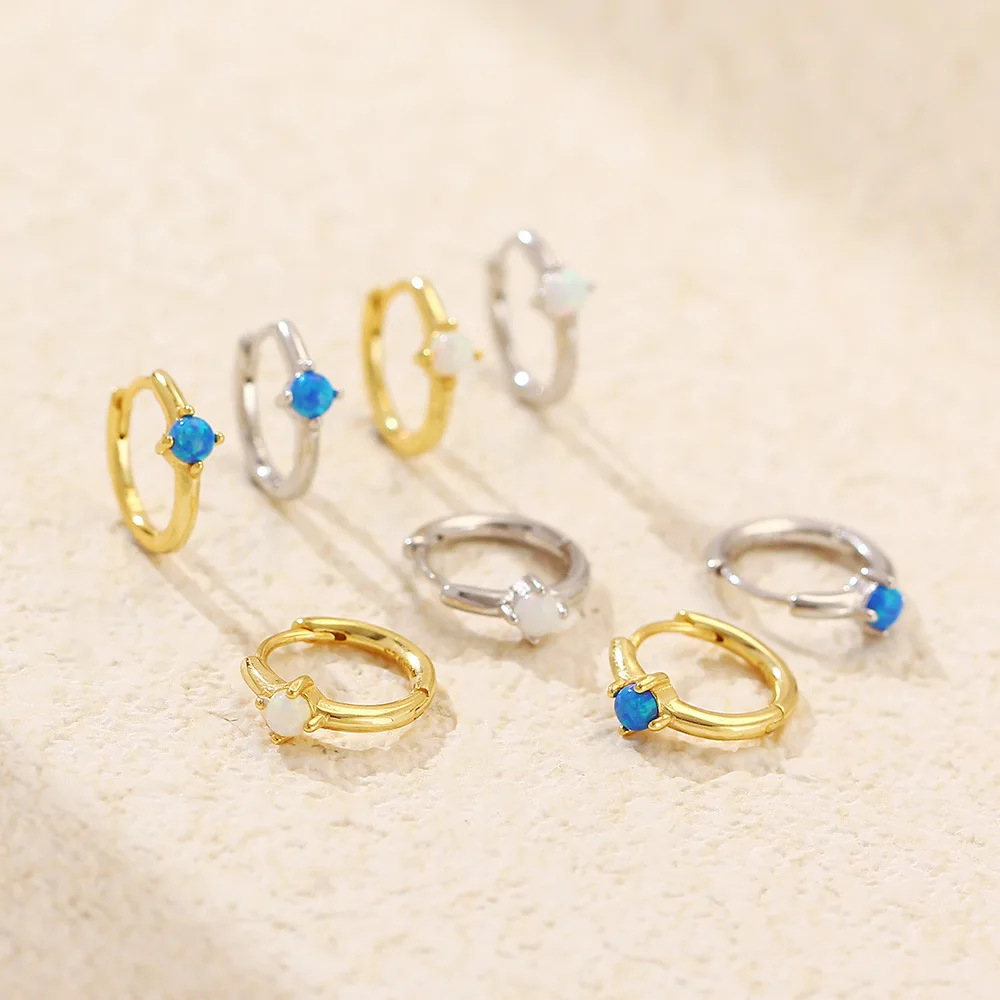 Wholesale Fashion Jewelry 925 Sterling Silver Four Claws Round Synthetic White Opal Gold Plated Hoop Earring Jewelry for Women