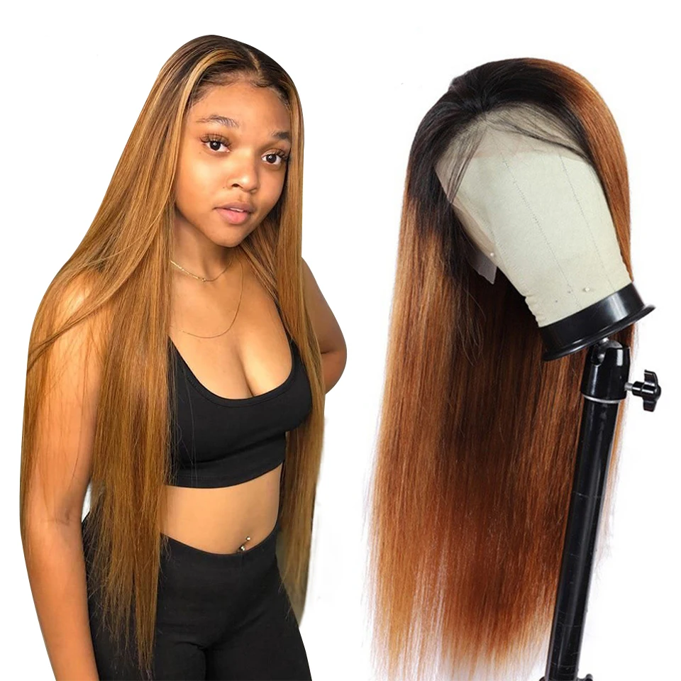 

12-28 Inch Long Straight Brown 13X4 Transparent Lace Highlighted Human Hair Wigs Body Wave Hair Wig OT1B/30 Color