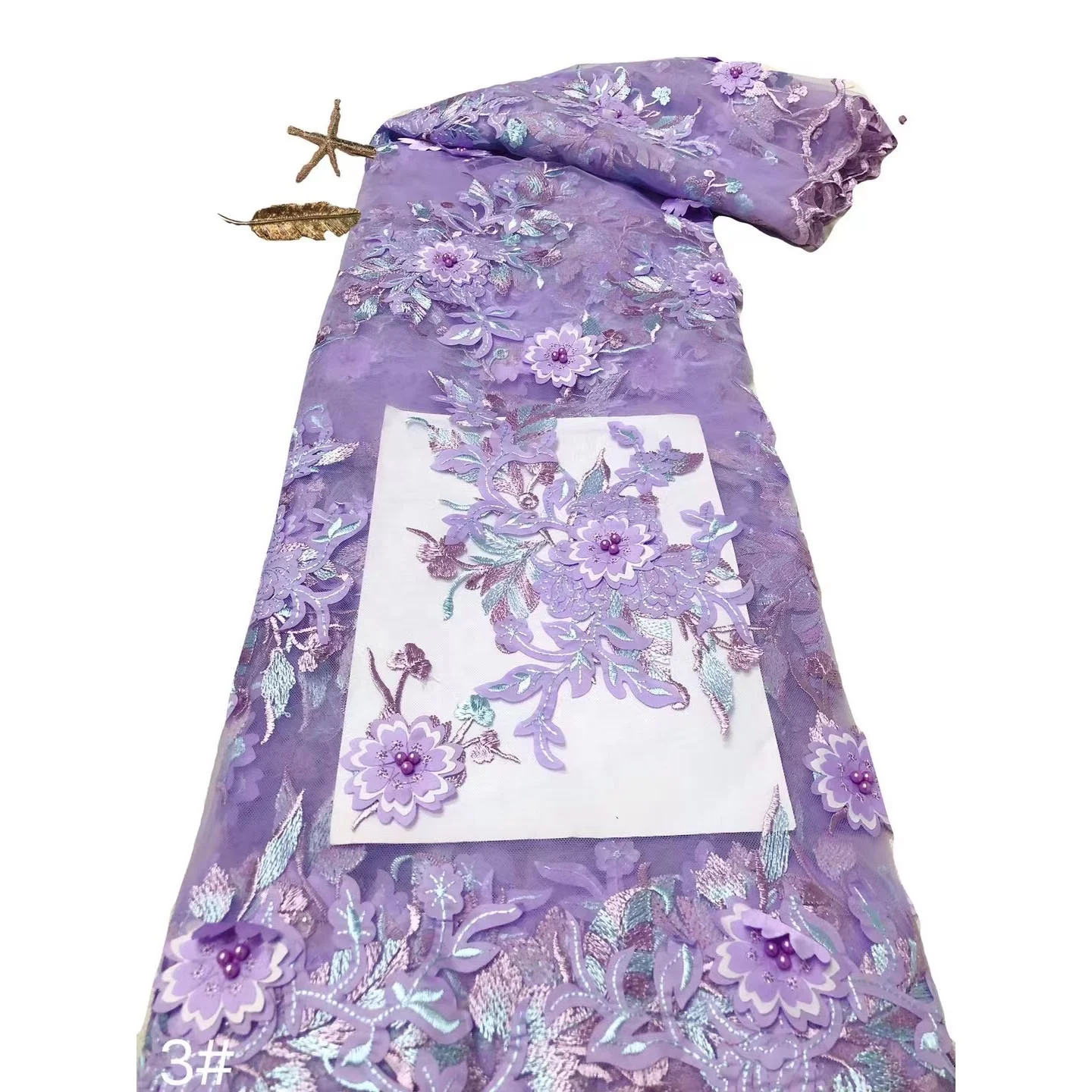 

Elegant purple french lace tulle pearls bridal 3d beaded fabric embroidered floral, As pictured