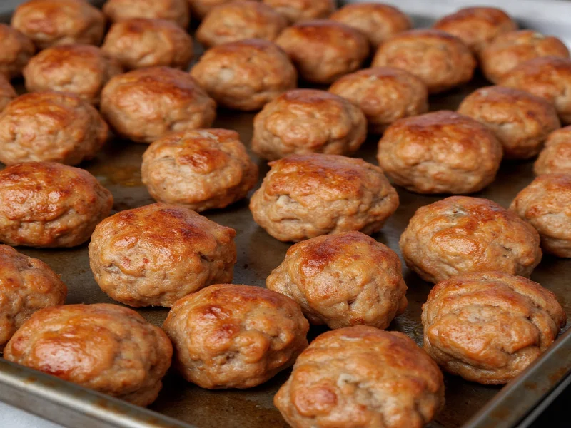 Perfectly browned baked meatballs on baking sheet