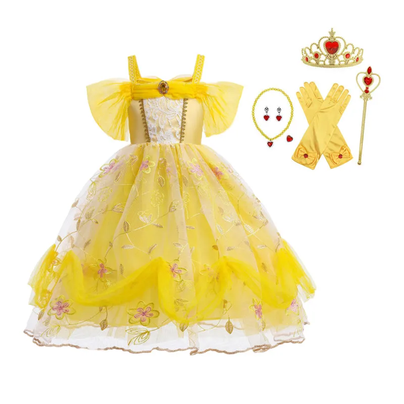 

Amazon Hot Sale Embroidery Off Shoulder Kids Girl TV movie Beauty and the Beast Cosplay Costumes Party Fancy Dress