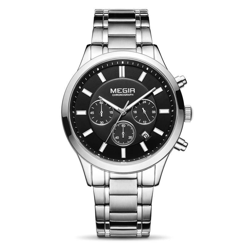 

Top selling megir steel watch men brand Sport Chronograph Silver Black Quartz Wrist Watch 2150