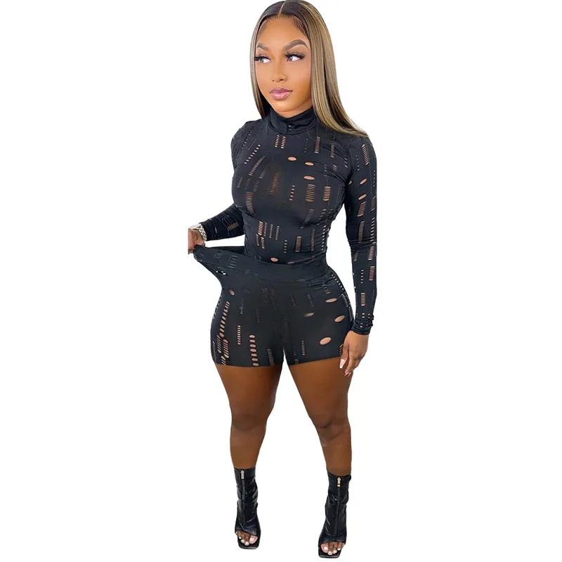 

K22S12627 Hot High Street Women's Fashion suit Hollow Out Long Sleeve Tops+Hole Stretchy Waist Shorts 2 Piece set women