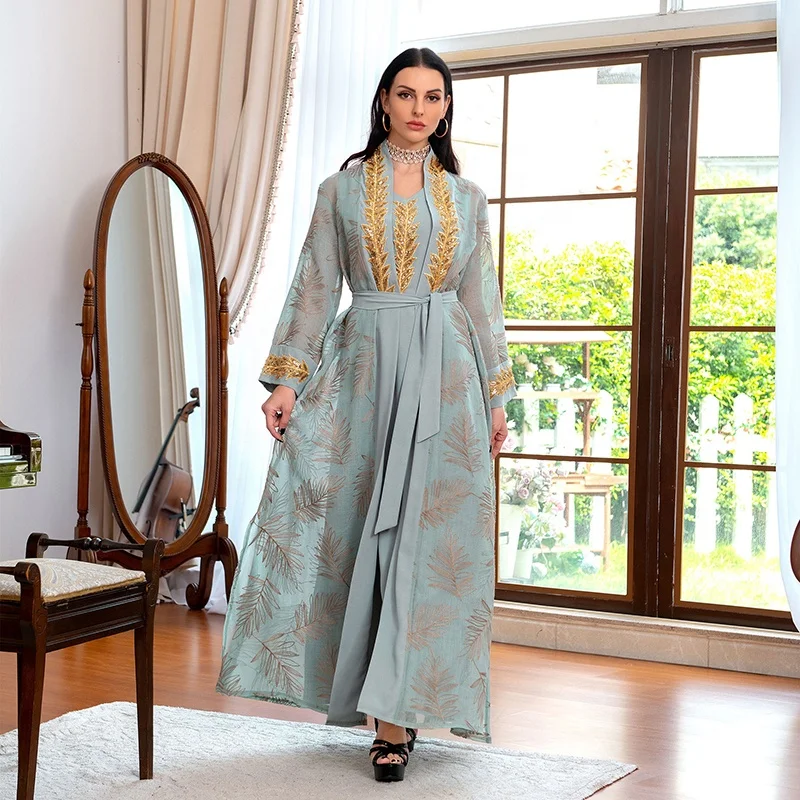 

Ab082 One Piece Ramadan Luxury Lace Embroidered Muslim Dress Tie Robe