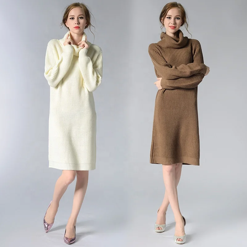 

2021 Custom Knit Solid Color Women Casual Sweater Dresses Rib Knitted Turtleneck Long Sleeve Ladies Pullover, As picture