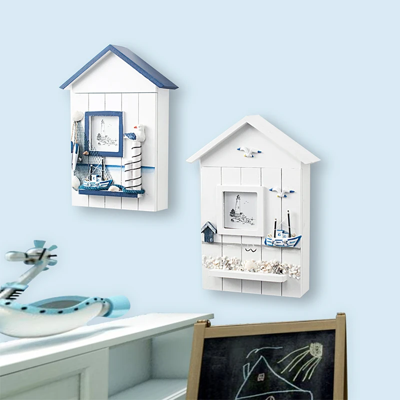 

Mediterranean home decor luxury solid wood key box cabinet wall hanging decor seabird sea tower house shape key storage box