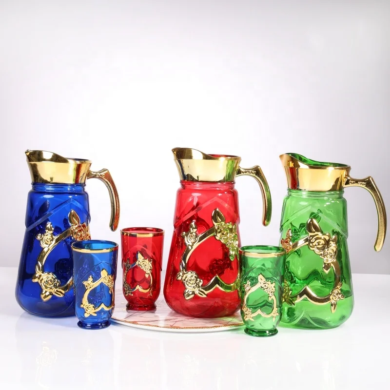 

Middle East Design Spray Color 1.5L Jug + 9Oz Cups 7Pcs Glass Pitcher Set Tea Juice Water Filter Jug Glass With Lid