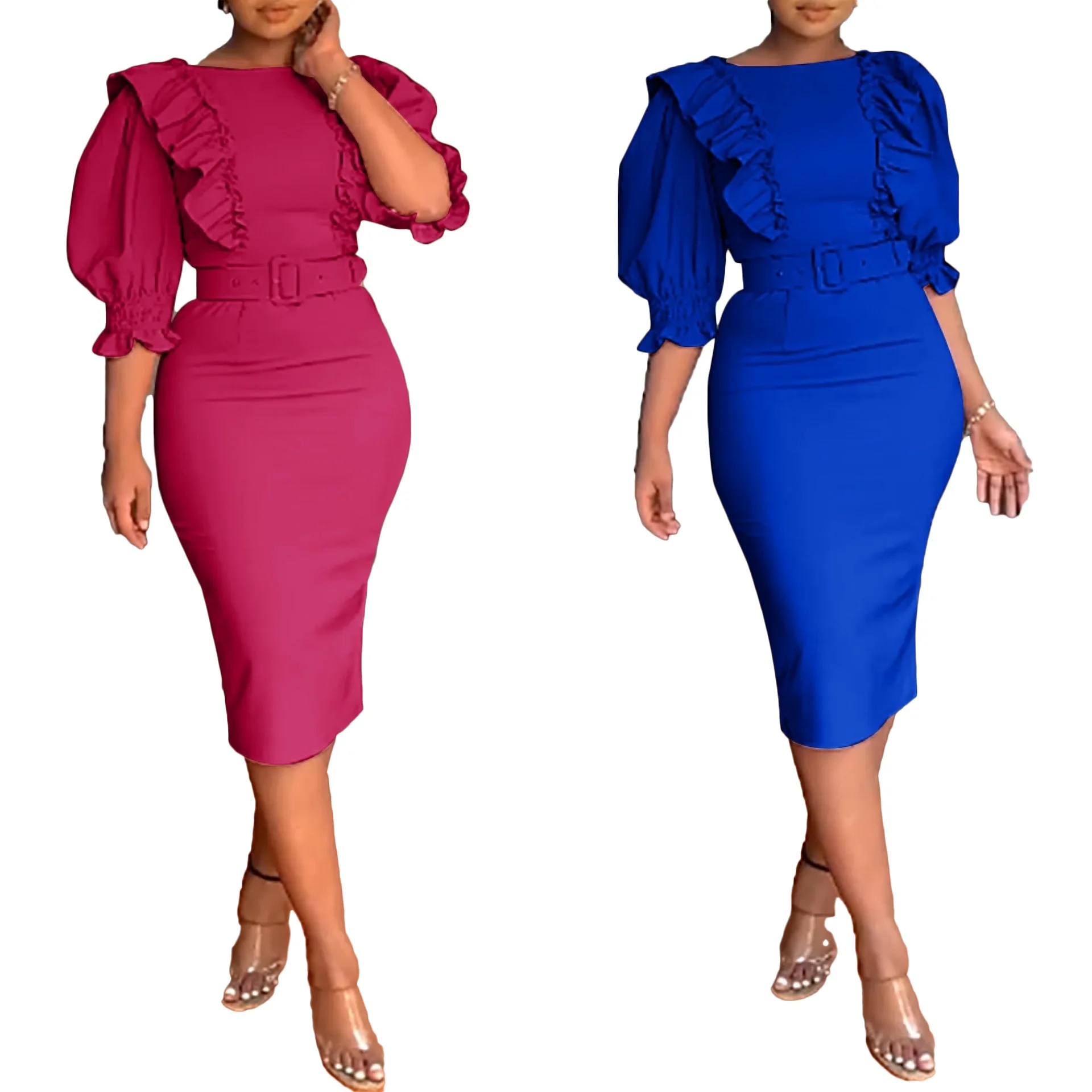 

Autumn and Winter Elegant Casual Dress Plus Size Women's Business Ruffled Mid-length Puff Sleeves Bodycon Dresses for Ladies, 2 colors