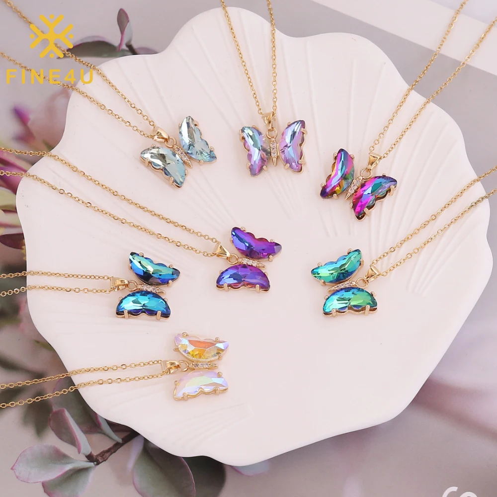 

Hot Sale Women Collares Para Mujer Multicolor Glass Charm Stainless Steel Butterfly Blue Necklace