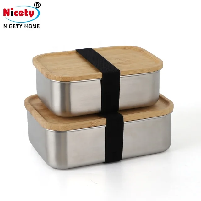 kitchen stainless steel storage food container box with bamboo lid set kids bamboo food container lunchbox bread lunch box