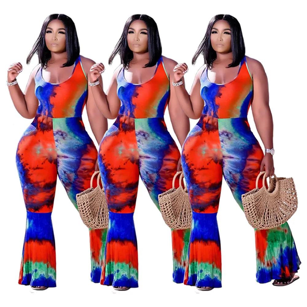 

H1627 New Fashion European And American Tie Dyed Print High Waist Tight Trumpet Halter Plus size jumpsuit women 2020