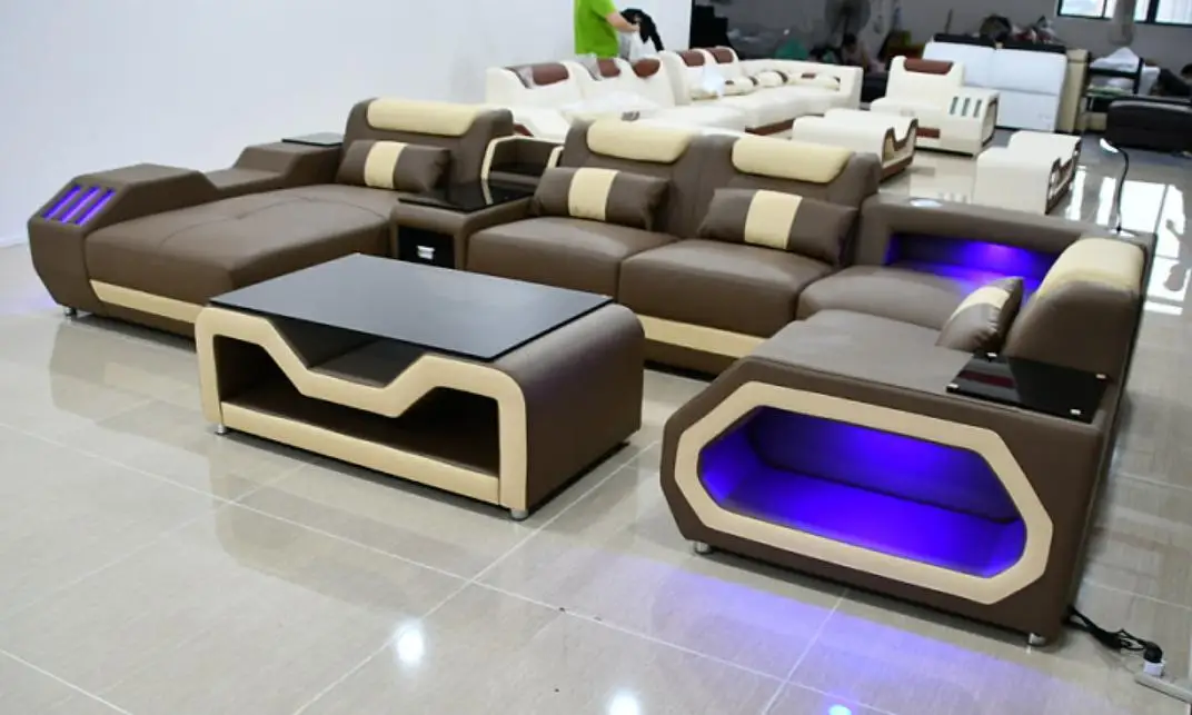 Super Modern Style Led Lamps Living Room Sofa Set Top Grain Genuine