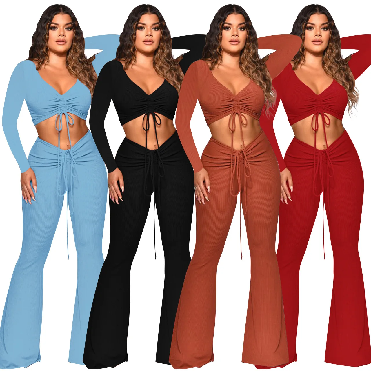 

Amazon 2021 Long Sleeve Drawstring Pleat Crop Top And Flare Pants 2 Piece Pants Sets Solid Color Trendy Two Piece Sets