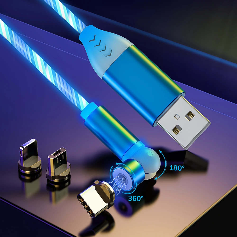 Topk android ios usb phone cable type-c 540 rotating led flowing light magnetic charging cable 3 in 1 - ANKUX.COM