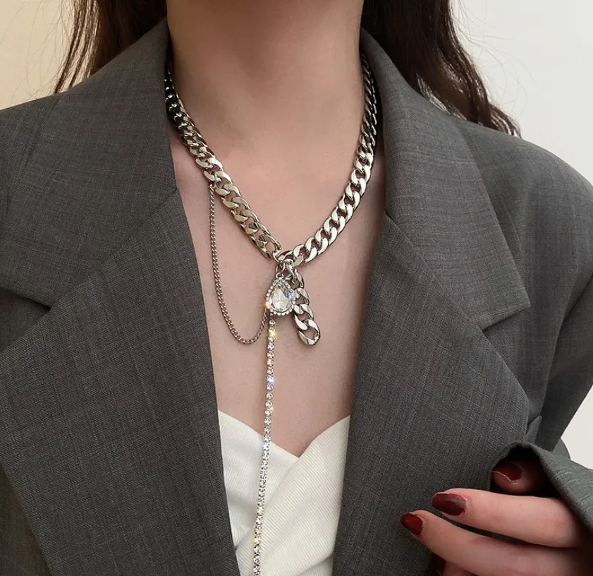 

trendy necklace stainless steel display wire froze customised Diamond drop tassel necklace jewelry, Silver