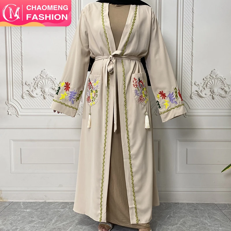 

1870# Abaya In Dubai New Embroidery Kimono Front Open Beautiful Islamic Fashion Clothing Muslim Wear Nida, Beige / navy / pink / black