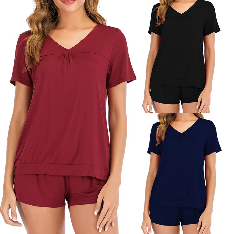 

2020 Hot Sale Summer Wholesale Womens Pajama Sets 2 Piece Lounge Wear Cotton Solid Short Sleeve Women's Sleepwear