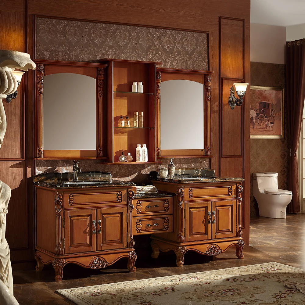 Double Sink Oak Wood Marble Countertop Bathroom Vanities