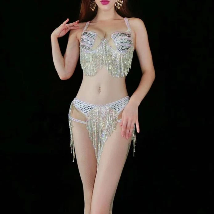 

Singer Prom Dance Costume Sexy Female Bikini Rhinestone Bodysuit Bra Short 1-Pieces Outfit Crystal Bikini Set Dress DJ