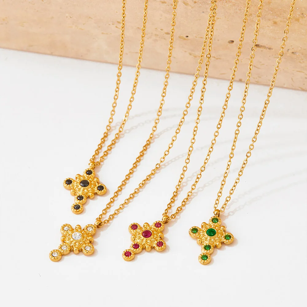 

New Arrival Gold Plated Vintage Zircon Inlaid Cross Pendant Splicing Necklace Stainless Steel Jewelry For Girls