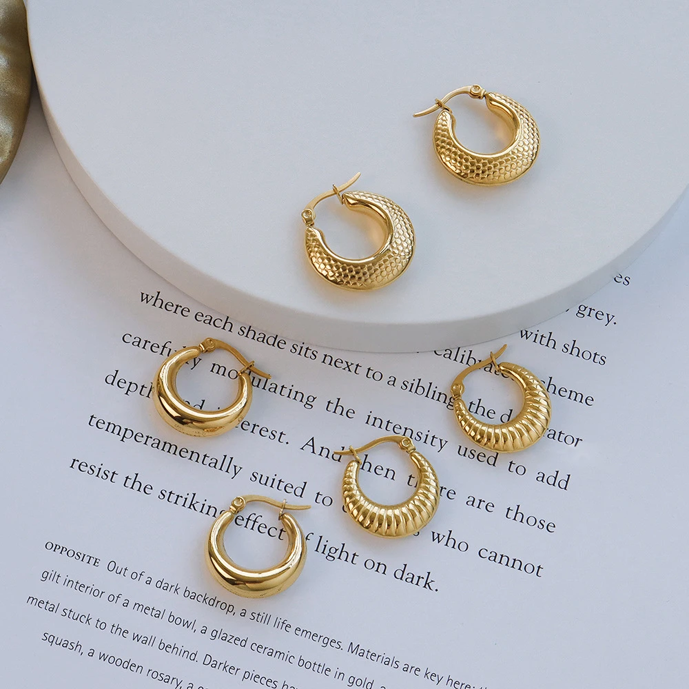 

High End 316L Stainless Steel Jewelry 18K PVD Gold Plated Chunky Thick Hoop Earrings For Women Light Weight