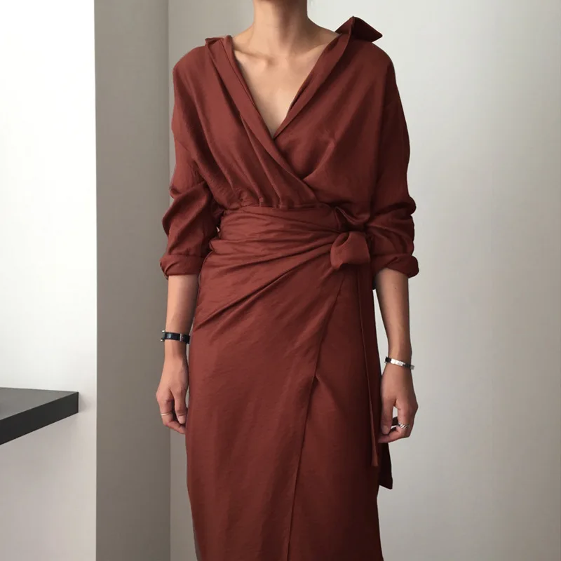 

Autumn Irregular Bandage Dress Women V-Neck Long Sleeve Solid Dress 2021 Dressing Bandage Elegant Khaki Dresses loose