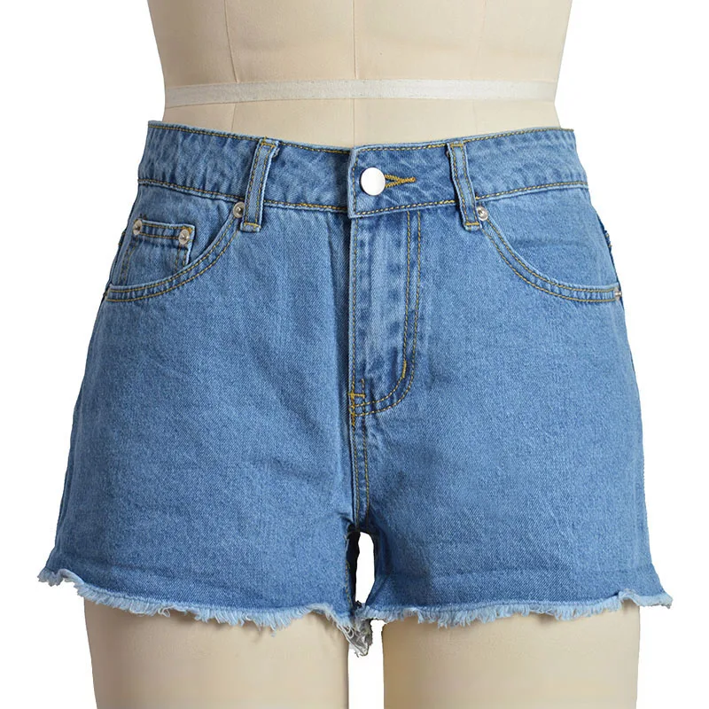 

Summer women's fashion hemline shorts high waist loose cotton blue wash denim shorts
