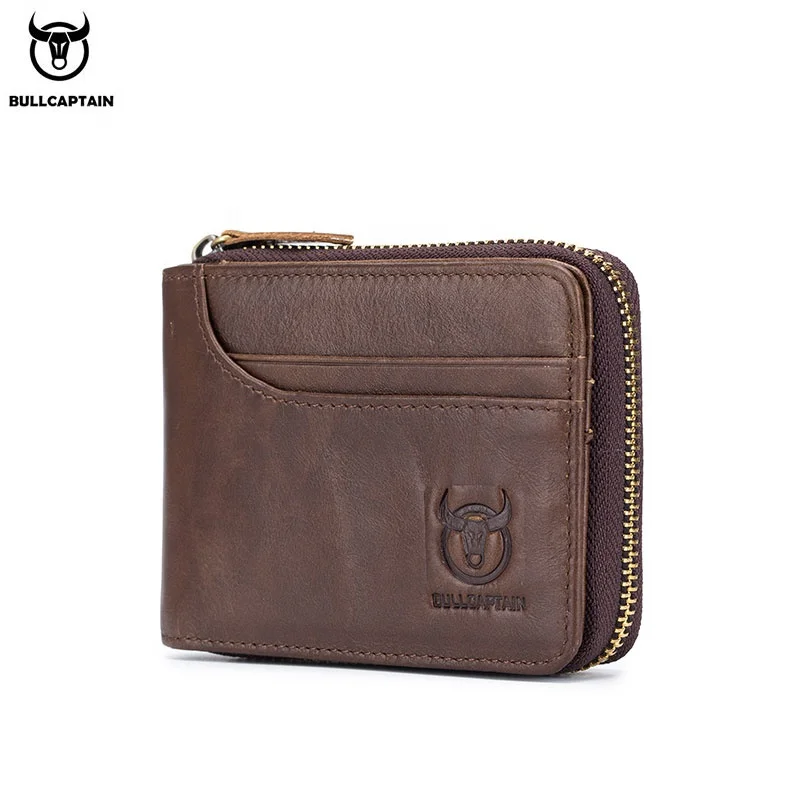 

Bullcaptain RFID Men's Leather Zipper wallet Zip Around Wallet Bifold Multi Card Holder Purse