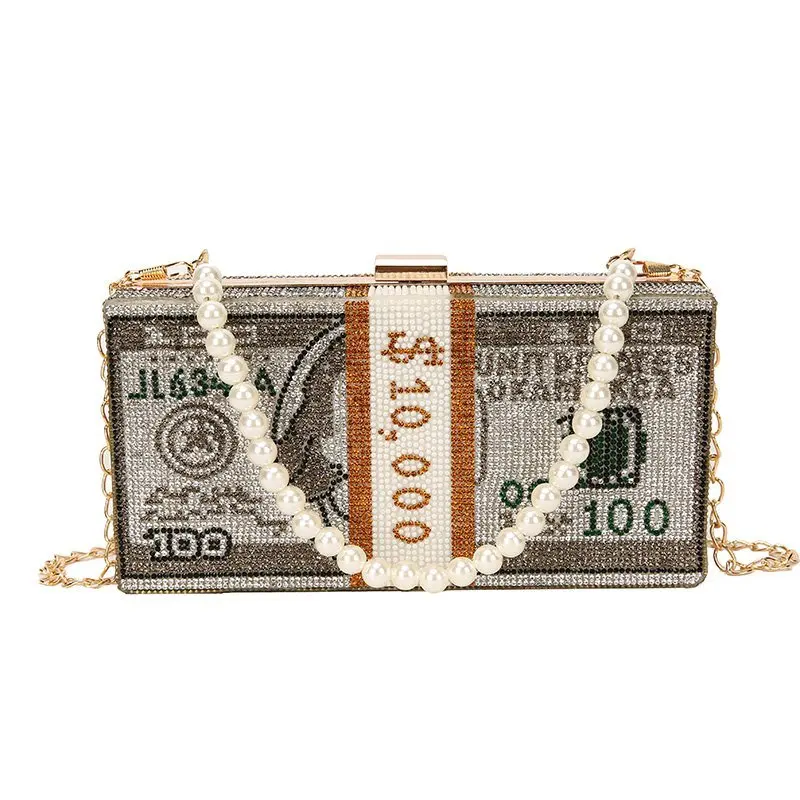 

Luxury handbag 100 bill money sign printed rhinestone shoulder bag bling dollar purse with pearl chain for women