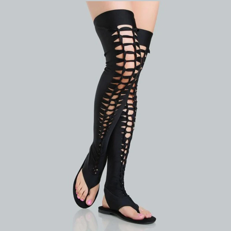 

QT001 sexy flat women thigh high gladiator boots, Black