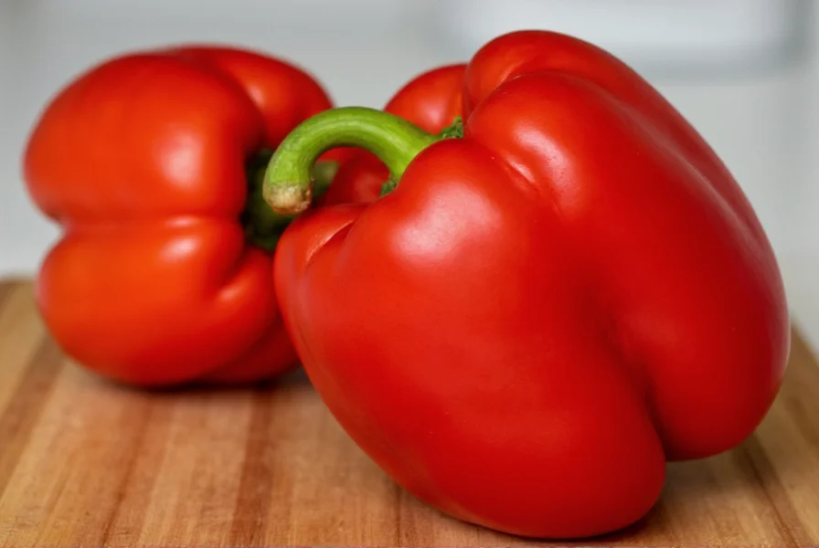 Close-up of red bell peppers showing vibrant color and texture on wooden cutting board