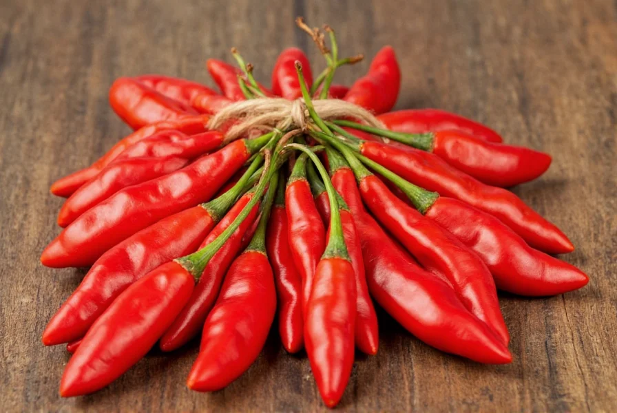 Various types of dried chilis arranged on a wooden table