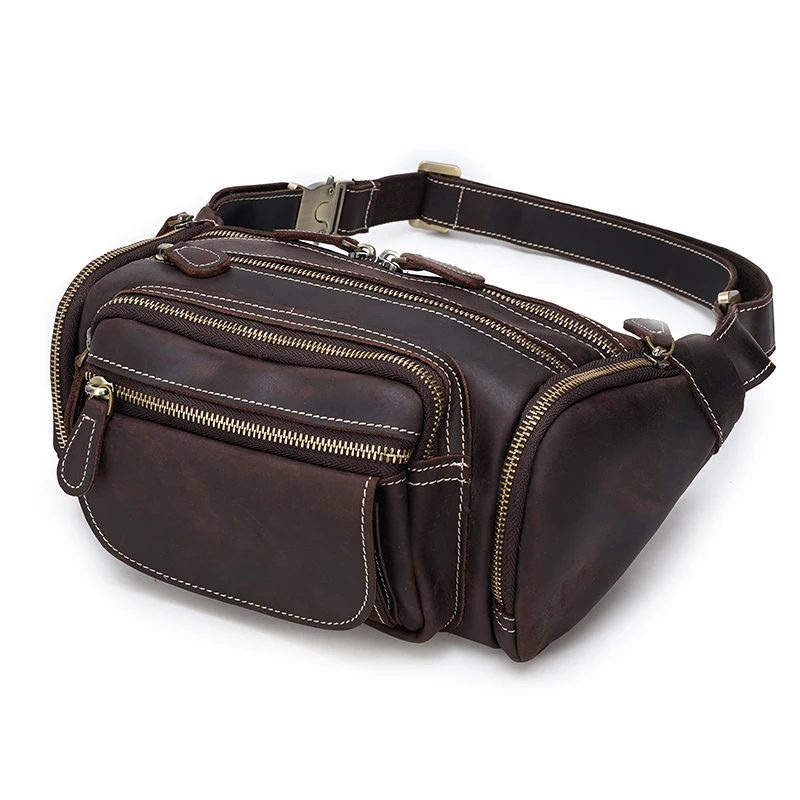 

Tiding Vintage Men's Dark Brown Cowhide Genuine Leather Large Capacity Fanny Pack Waist Bag, Drak brown