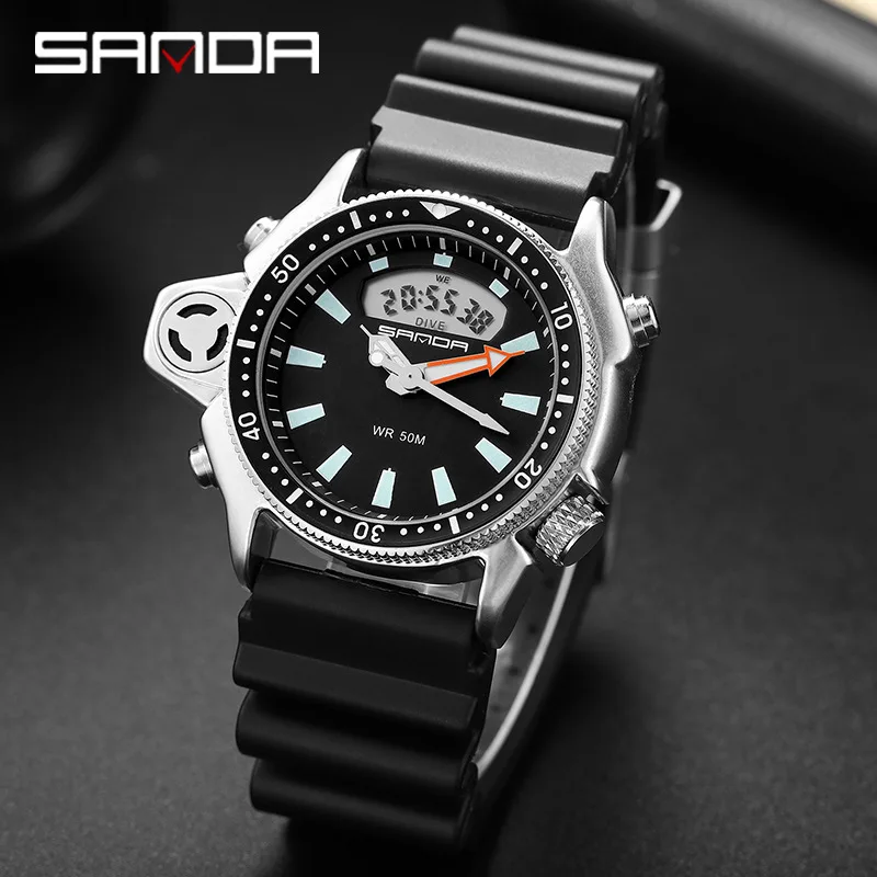 

SANDA 3008 cheap black mens digital wristwatch hot sale Silicone band waterproof date display Military sports wrist watch set